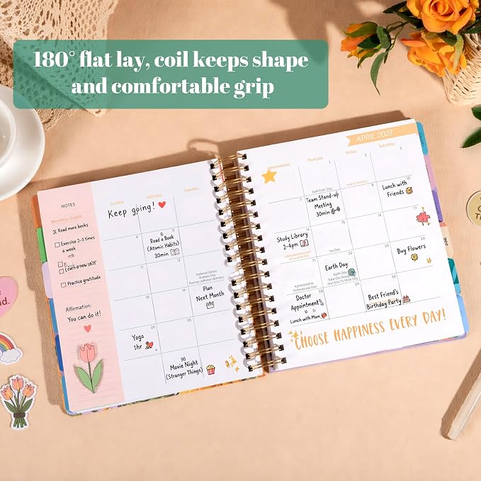 CAGIE 18 Month Planner July 2026 - December 2027, Academic Year Weekly & Monthly Planner with Tabs, 8.3 x 9.3 Floral Hardcover Organizer with 100GSM Thick Paper and Elastic Band for Women School Office