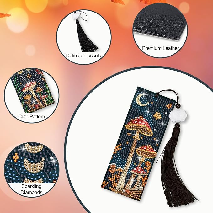 Anseal 3Pcs Mushroom Diamond Art Bookmarks DIY Leather Tassel Bookmark for Adult Christmas New Year Graduation Birthday Gifts