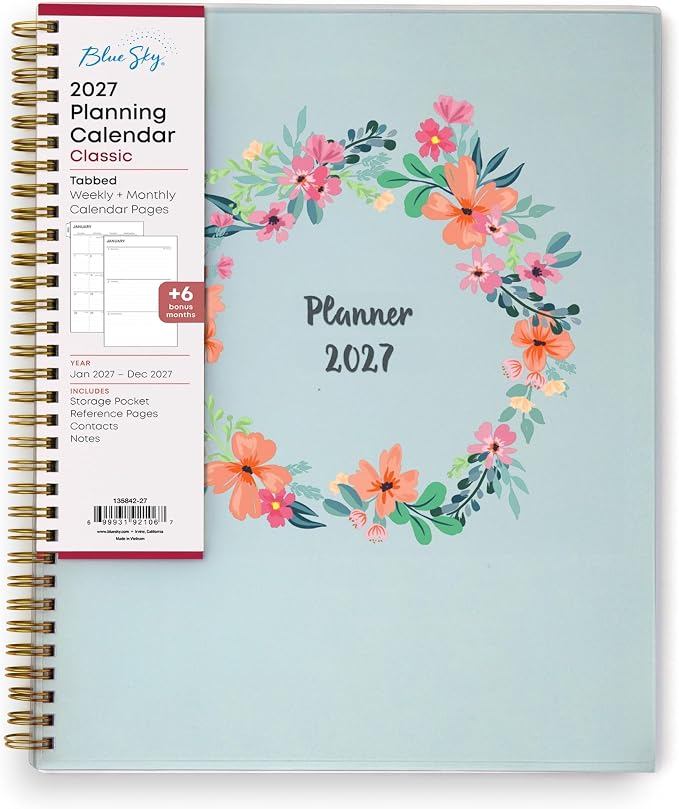 Blue Sky 2027 Weekly and Monthly Planner Calendar, January 2027 - December 2027, 8.5" x 11", Flexible Cover, Laminated Tabs, Durable Twin Wire Binding, Storage Pocket, Laurel