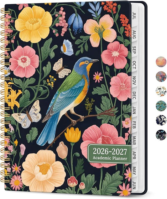 Planner 2026-2027, Academic Year Monthly and Weekly Calendar Planner, Jul 2026 - Jun 2027, Hardcover Teacher Student Planning Agenda book with Tabs, Perfect for School Office Supplies, 6.3" x 8.5" - Garden Bird