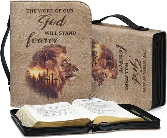 Bible Covers for Women Lion Cross Monogram Waterproof Bible Holder Case for Man Portable Bible Protector PU Leather Bible Organizer Bag Large Size