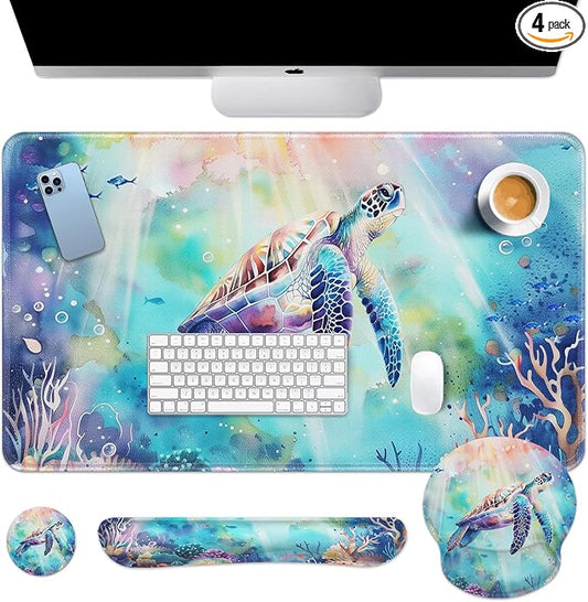 Britimes Sea Turtle Cute Ocean Keyboard Mouse Pad Set 4in1 Large Mousepad+Keyboard Wrist Rest+Mouse Wrist Rest+Coaster Set with Ergonomic Design for Home Office Computer 35.4x15.7 inches