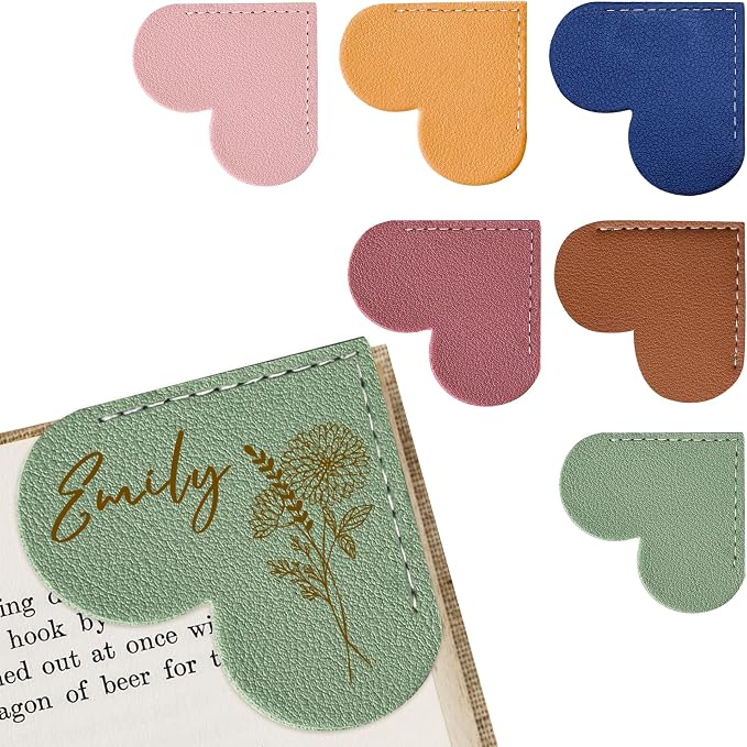 EDSG 3PCS Personalized Leather Heart Bookmark, Corner Bookmark Book Marks with Birth Flower & Name, Bookmarks for Women Men, Reading, Teachers, Birthday, Graduation, Christmas (Style-3, 3PCS)
