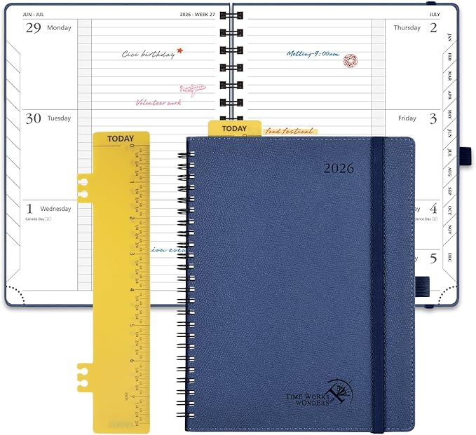 POPRUN 2026 Planner (Jan.-Dec.), Medium-6.75" x 8.75", Horizontal Weekly Notebook, 12-Month Calendar Book with Monthly Tabs, Spiral Soft Cover, Inner Pocket, 100 GSM - Navy Blue