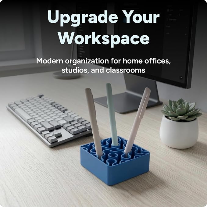 Modern Desk Pen & Pencil Holder Organizer | Unique Squiggle Design, Matte Finish, Non-Slip Rubber Feet | Stylish Office Desk Accessory & Storage for Home, Work, Classroom (Matte Blue)