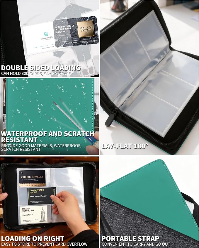 Leather Business Card Book Holder Organizer, Professional Name Card Book Holder with 300 Card Capacity, Portable PU Credit Card Wallet File Sleeve Storage for Men Women,50 Pack Sleeves (Bright Green)