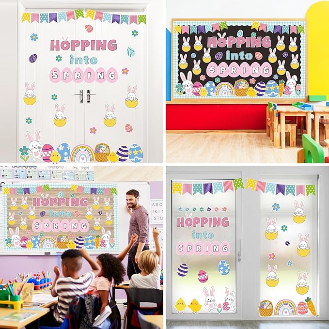 Easter Bulletin Board Set Spring Easter Bunny Eggs Bulletin Board Classroom Decorations Hopping into Spring Cutouts for Teacher Classroom School Office Chalkboard Wall Home Decor