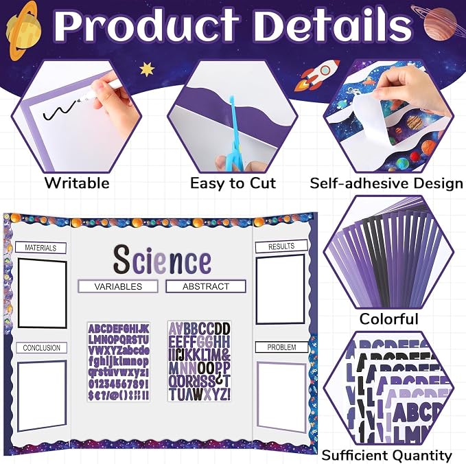 129Pcs Planet Space Science Fair Board Supplies Includes Self Adhesive Science Fair Project Titles Subtitles Presentation Bulletin Border Letter Stickers Scalloped Bulletin Border for Classroom Office