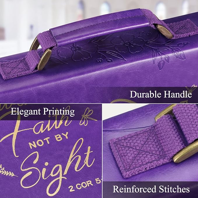 FINPAC Large Classic Bible Cover Vegan Leather Carrying Book Case Church Bag Bible Protective with Handle, Gift for Women, Mother, Friends, Purple