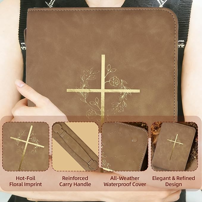 Bible Cover Case for Women, Bible Bag with Phone Pocket, PU Leather Large Carrying Book case with Minimalist Debossed Design – Christian Bible Accessories for Girls & Women (Brown)