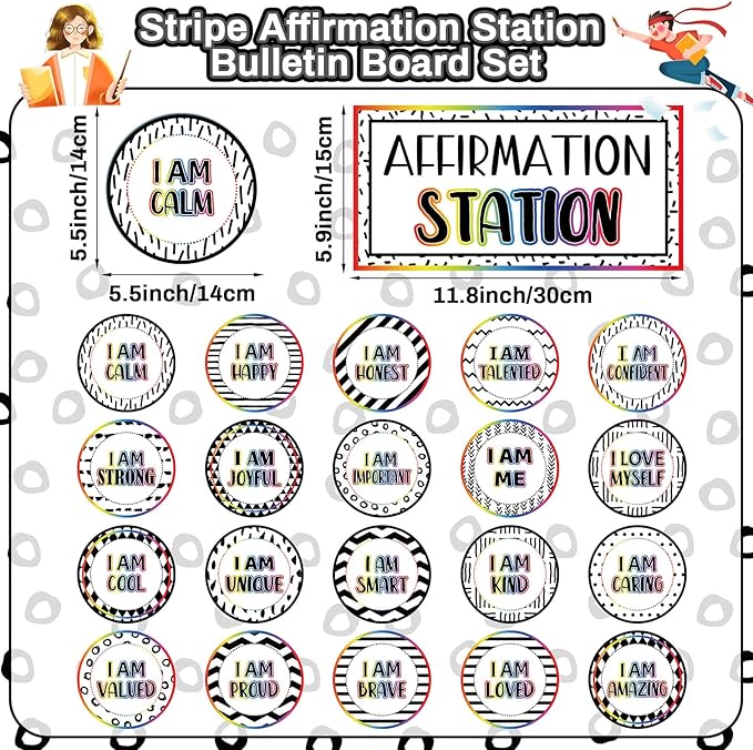 Affirmation Station Bulletin Board Set Composition Positive Bulletin Board for Classroom Growth Mindset Decor Polka Dots and Stripes Inspirational Motivational Accent Cutout for Home School Teacher
