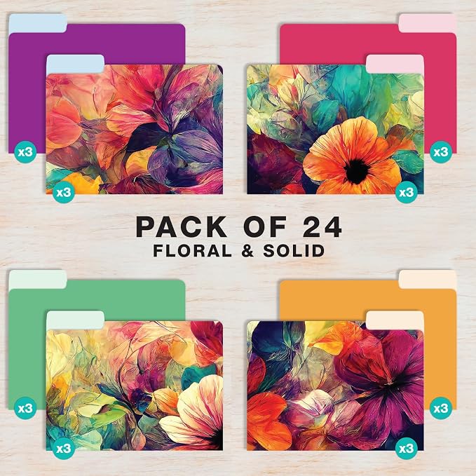 Global Printed Products Deluxe Designer Printed File Folders, 1/3 Cut Tab, Assorted Positions, Letter Size, 24/pk (Abstract Floral)