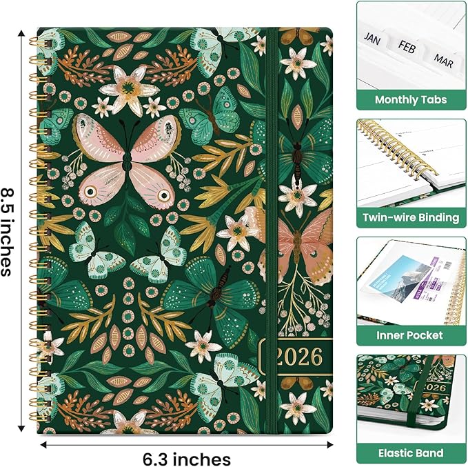 2026 Planner, Weekly and Monthly Calendar Planner for Women, Jan 2026 - Dec 2026, Hardcover Planning Agenda book with Tabs, Spiral Bound, Inner Pocket, Perfect for School Office Supplies, 6.3" x 8.5" - Butterfly