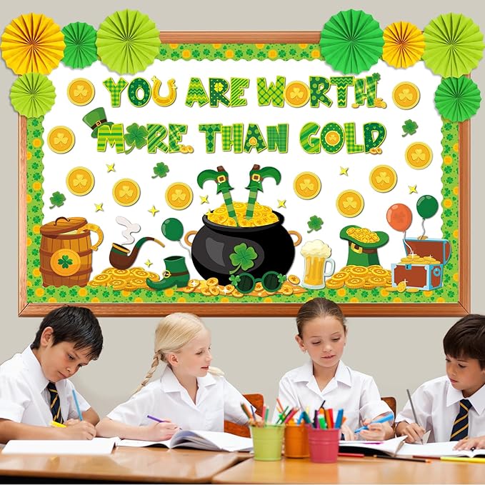 St. Patrick's Day Bulletin Board Classroom Decorations with 3D Paper Fans You are Worth More Than Gold for Lucky Shamrock Clover Gold Coin Cutouts Bulletin Board for Irish Holiday School Wall Decor