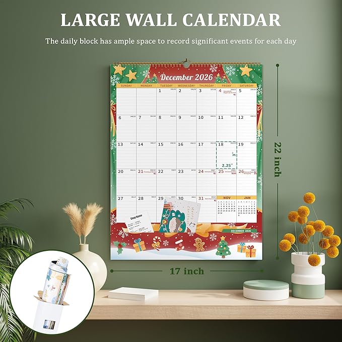 Ospelelf Wall Calendar 2026-2027 with Storage Pocket Monthly Large Planner Pad 17" X 22" with Protective Cover and Stickers for Family Fridge Office Teacher Student January 2026 to June 2027 Season