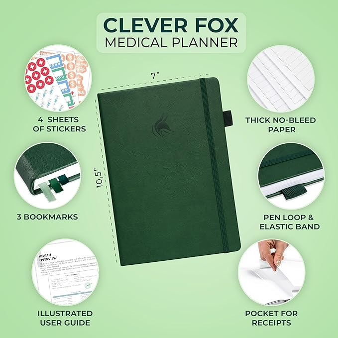 Clever Fox Large Medical Planner 12-Month – Medical Notebook, Health Diary, Wellness Journal to Track Health – 12 Months, 7x10.5″ (Forest Green)