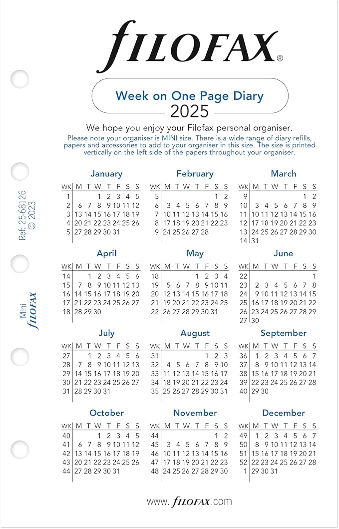 Filofax Calendar Diary Refill, Mini Size, Week on One Page, White Paper, Unruled, English, 2025 (C68126-25)