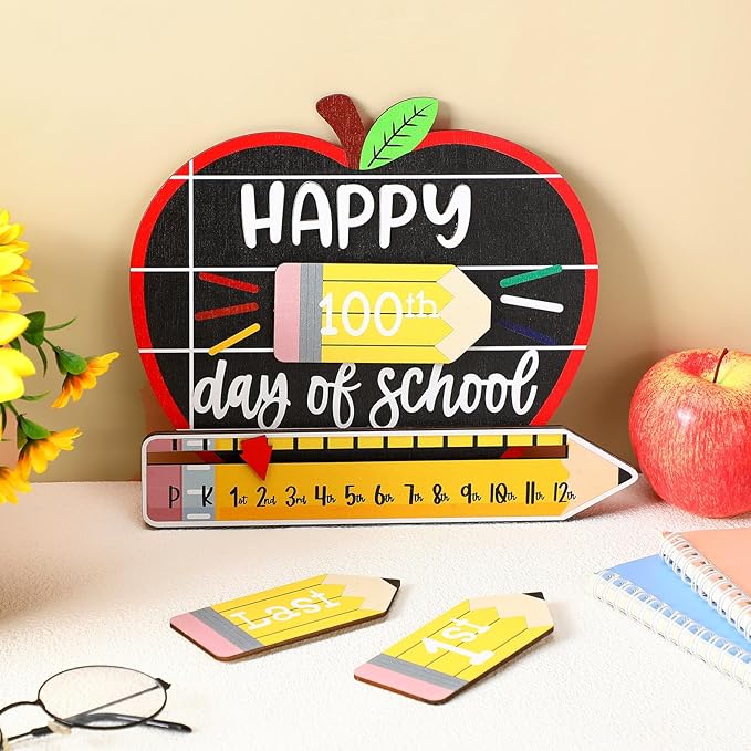 Kosiz Apple First and Last Day of School Sign Back to School Board Gifts Round Wooden First Day of Sign Reusable Dry Erase 8''