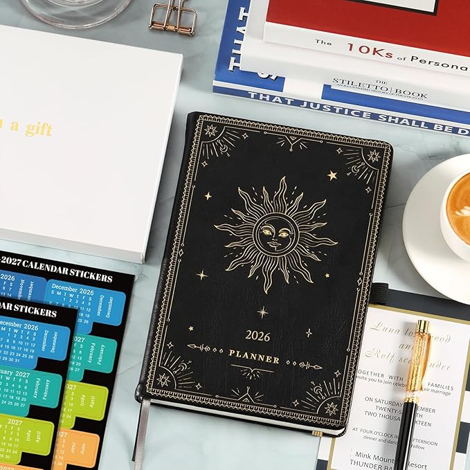 2026 Planner - Weekly Planner 2026, Jan. 2026 - Dec. 2026, 5.75" x 8.25", 2026 Weekly and Monthly Planner, Faux Leather planner 2026 with Back Pocket & 40 Notes Pages - The Sun