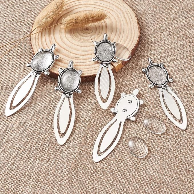 FASHEWELRY 20Pcs Antique Silver Bookmark Pendant Tray Kit Include 10Pcs 25x18mm Tortoise Oval Blank Bezel Base Setting Charms with 10Pcs Clear Glass Dome Tiles Cabochons