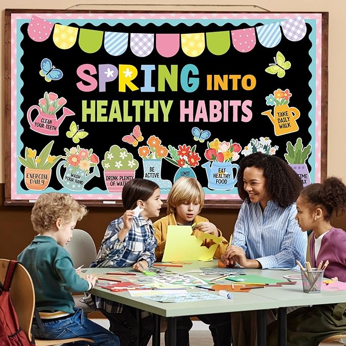 Spring Healthy Bulletin Board Set Spring Into Healthy Habits Classroom Decorations Colorful Flower Butterfly Flowerpot Paper Cutouts for School Party Nursery Chalkboard Home Office Wall Door Supplies
