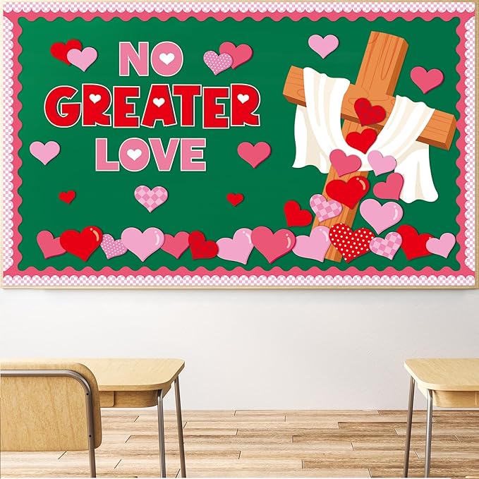 Valentines Day Bulletin Board Decorations Set NO Greater Love Religious Heart Paper Cutouts Classroom Decor for Christian Church School Wall Decoration Supplies