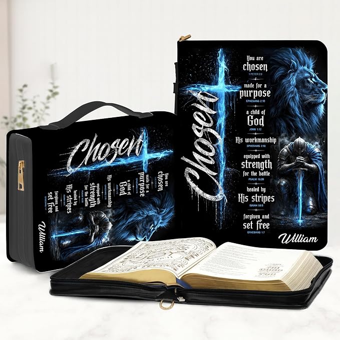 Personalized Man of God Bible Cover for Men, Christian PU Leather Bible Case with Handle Zipper, God Says I Am Warrior Scripture Bible Holder, Religious Gift for Men (Warrior Choosen)