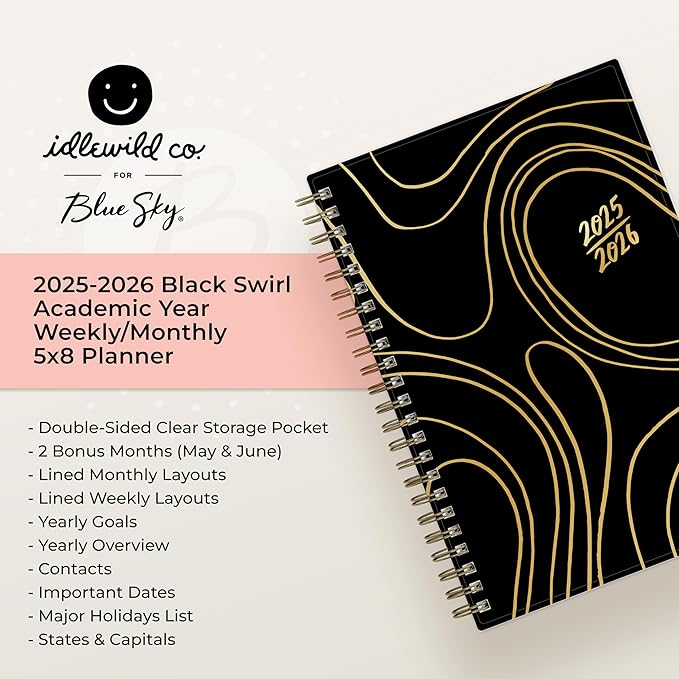 Blue Sky Idlewild 2025-2026 Weekly and Monthly Academic Year Planner Calendar, July 2025 - June 2026, 5" x 8", Flexible Cover, Wirebound, Laminated Tabs, Storage Pocket, Black Swirl