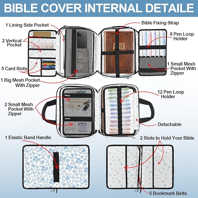 Floral Bible Cover Case for Women Girls,Bible Carrier,Bible Bags for Women Organizer,Bible Holder with Shoulder Strap,Handle,Bible Study Supplies Kit with Highlighters,Tabs,Pens,Christian Gift Blue