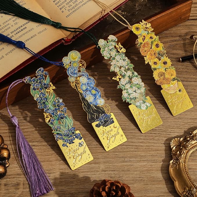 4 Pieces Bookmarks with Tassel, Golden Hollow Metal Bookmark Monet Oil Painting Theme Book Mark for Women Book Lovers Writers Readers Children Teenage Girls, (Flowers Style)