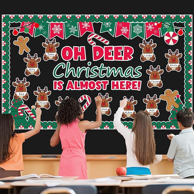 Justforjoyful Christmas Bulletin Board Decoration Christmas Deer Classroom Bulletin Board Set Xmas Reindeer Name Tag Snowflake Candy Cutouts for School Chalkboard Wall Winter Holiday Party Supplies