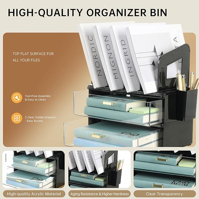 CiWiVOKi Desk Organizer with 4 File Holder Slots, 2 Clear Drawers & Dual Pen Holders, Sturdy Multi-Functional Desktop Storage for Home Office, Mail Sorter & Caddy, Black