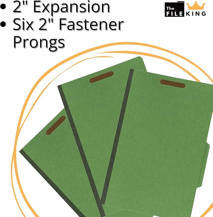 The File King Pressboard Classification Dark Green Partition File Folder | Legal Size - Box of 10 | Two Dividers | Six 2” Durable Fastener Prongs | 2/5 Cut Top Tab | 2” Expansion