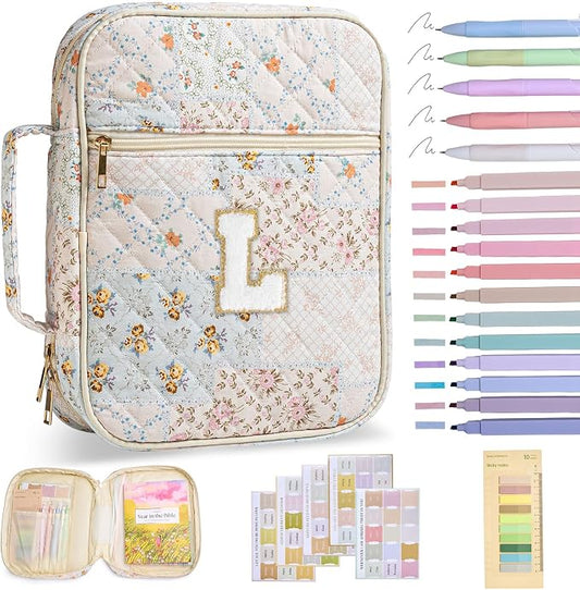 Nayno Initial Bible Cover Case for Women Girls Kid Large Bible Cover with Durable Handle Quilted Bible Carrying Case for Girls Bible Study Supplies Accessories (Spliced Flower L, one size)