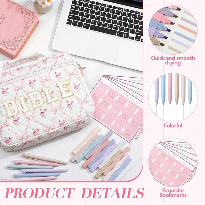 Sinload Quilted Bible Cover Case for Women 12 x 9 x 2.5 Inch Bible Chenille Letter Bag with Shoulder Strap Carrying Tabs 6 Colored Pens 12 Highlighters Christian Church Study Gifts(Pink,Bow Floral)