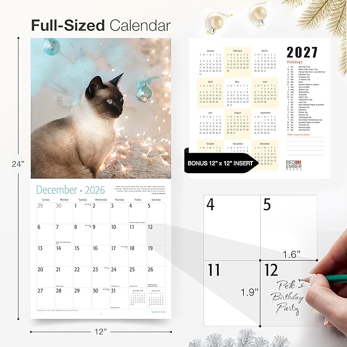 RED EMBER Siamese Cats 2026 Wall Calendar 12 Month | 12" x 24" Open | Thick & Sturdy Paper | Giftable | Cute Kitten Cat Calendar 2026