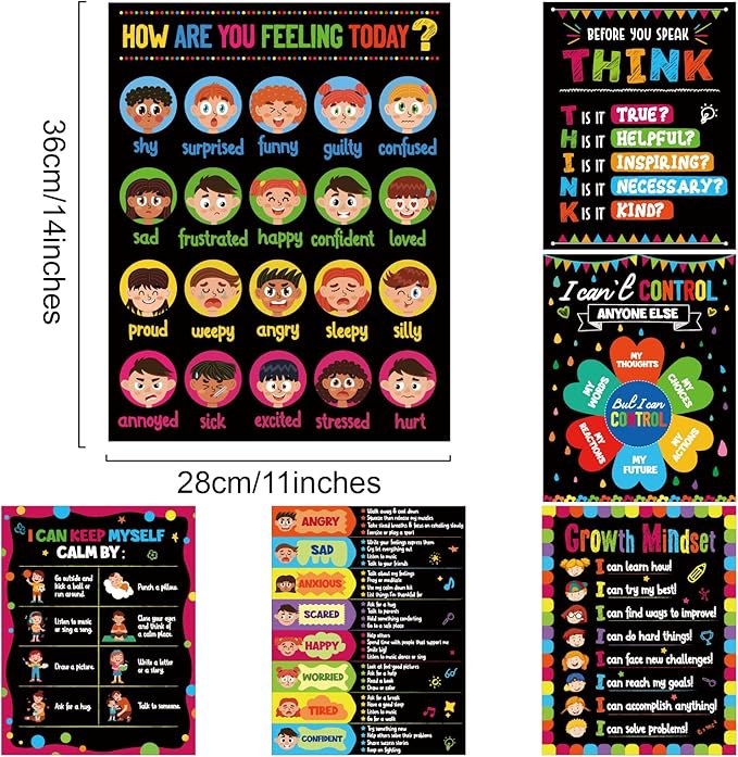 gisgfim Feelings Posters, 6 Pieces Wall Art for Classroom, Coping Strategies for Kids, Behavior Management Posters, Emotions Chart, Calm Down Corner Decorations