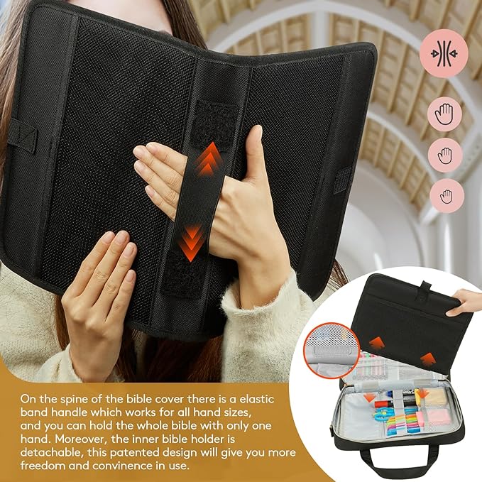 Bible Cover for Women – Large Bible Case with Zipper, Floral Journal Bag with Handle & Shoulder Strap, Christian Gift for Bible Study & Church, Black