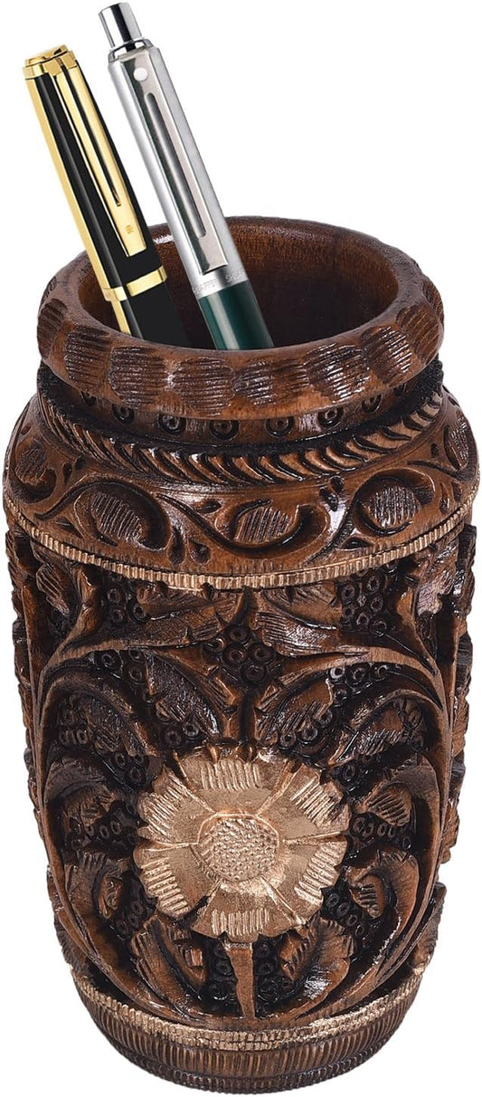 Craft Trade Hand Carved Wooden Pen Holder & Pencil Cup, Natural Wood Desk Organizer Storage Box - Leaf Maroon