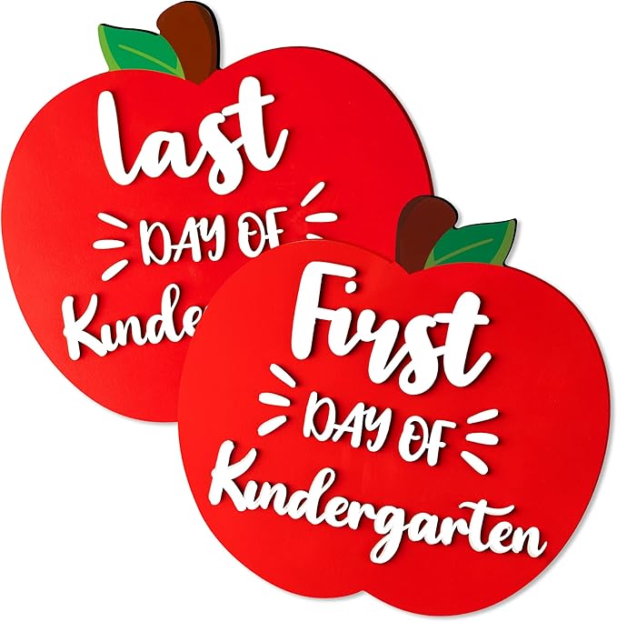 CJiangpo 3D First and Last Day of Kindergarten Board, Double Sided Back to School Board, Apple Shape Reversible 1st Day of Kindergarten Chalkboard Photo Props Supplies for Kids Back to School Decor