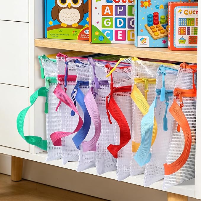 Double Layers Mesh Zipper Pouch Bags A4 (13x9 in, 24 Pcs) 8 Colors Zipper Bags, Waterproof File Pouches for Puzzles Board Game Teacher School Classroom Office Supplies Travel Bag