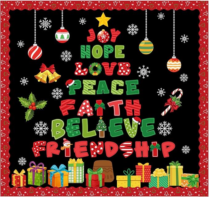Funrous 93 Pcs Christmas Bulletin Board Decoration Set Xmas Tree Classroom Bulletin Board Decor Christmas Paper Cutouts with Borders for Xmas Winter Holiday Party School Classroom Wall Decorations