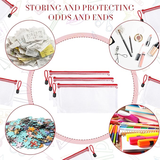 Sherr 120 Pcs Mesh Zipper Pouch A6 Pencil Pouches Bulk Small Clear Mesh Bags with Zipper 9.45'' x 4.53'' Waterproof File Bag Pencil Case for School Office Travel Organization(Red)
