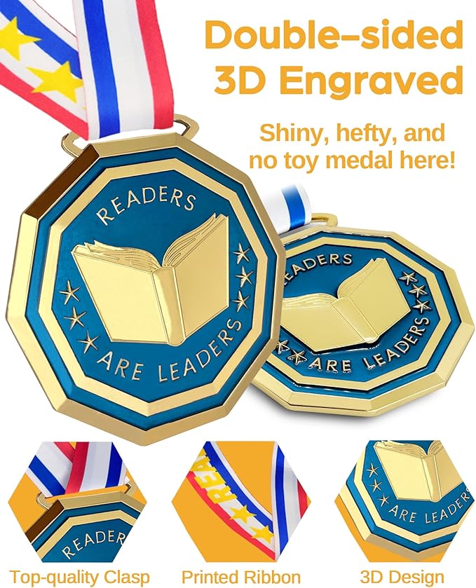3.1'' Reading Award Medal - Heavy Duty Reading Superstar Necklace, Double-Sided 3D Engraved Reading Award Prize Gift for Students Adults School Graduation Participation Competitions