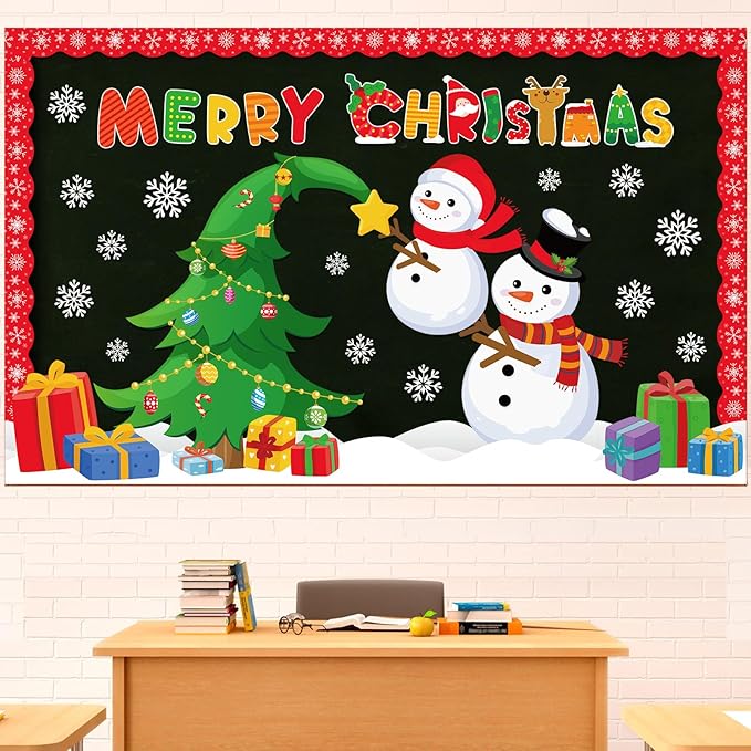 Funrous Christmas Bulletin Board Decoration Set Xmas Tree Classroom Decor Snowman Santa Claus Gnome Snowflake Cutout Winter Border Trim for Xmas Holiday Office Wall Door Supplies (Merry Christmas)