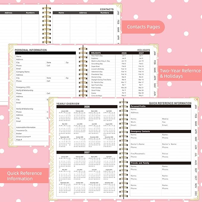 2026 Monthly Planner, Jan.2026 - Dec.2026 Weekly Planner 6.25"x8.5" with Page Tabs, Calendar Hardcover with Inner Pocket, Elastic Band, Twin-Wire Binding, Bookmark, White Pink Polka Dots