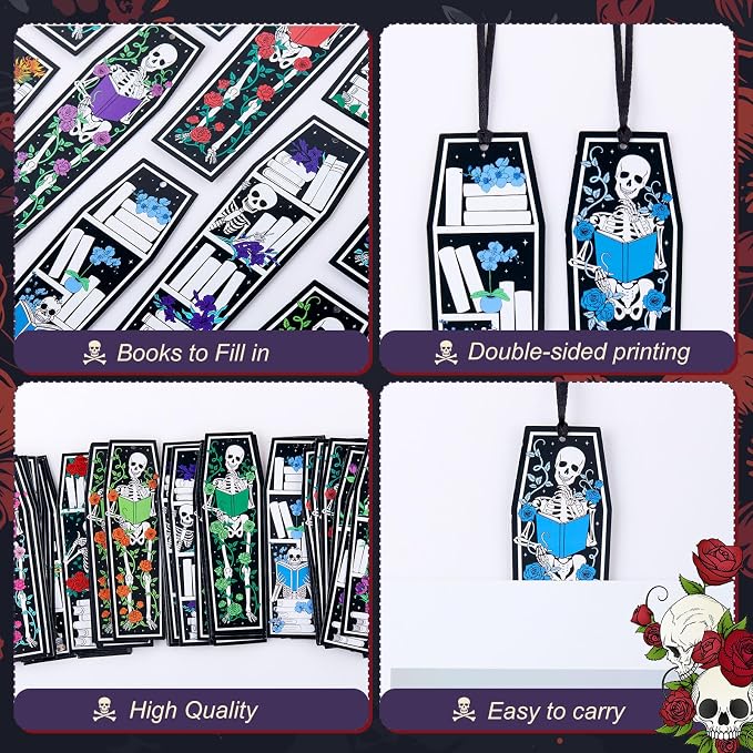 TaoBary 100 Pcs Gothic Skeleton Coffin Bookmarks Spooky Skull Book Marker Bulk Double Sided Halloween Horror Book Tracker with Black Ribbon for Bookworm Reading Lovers Gifts Goodie Bag Fillers