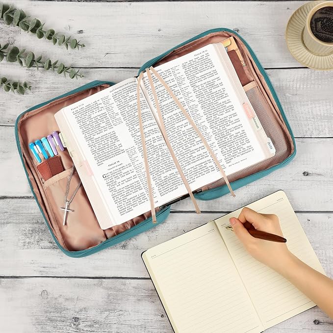 FINDCOZY Bible Cover for Women, Durable Carrying Book Case Church Bag for Biblical Accessories with Handle and Zippered Pocket, for Scriptures, Turquoise
