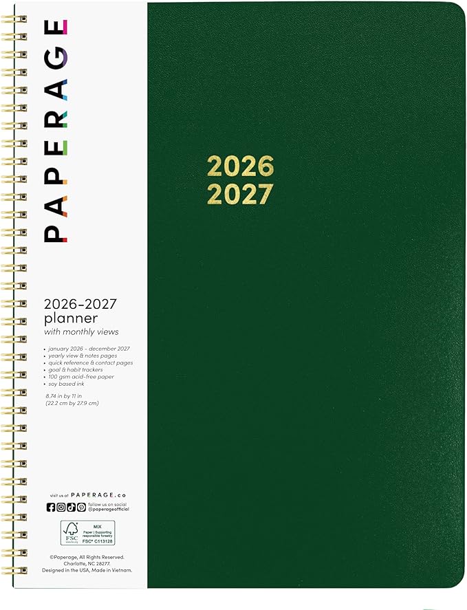 PAPERAGE 2 Year Monthly & Yearly Planner, 24 Months (January 2026 - December 2027), 8.5 in x 11 in, Spiral Bound 2026-2027 Planner with Monthly & Yearly Views, Note Pages & Trackers - Dark Green