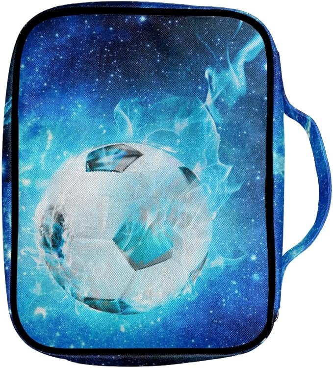 Coldinair Blue Starry Soccer Print Bible Cover for Men Teens Kids Boys,Galaxy Soccer Carrying Book Case Church Bag Bible Bag with Handle and Zippered Pockets